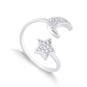 Anel regulável estrela e lua prata